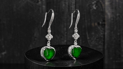Tokai Dangling Hearts Intense Imperial Green Burmese A-Jade French Hook Earrings (with 18K White Gold and White Diamonds) - Certified