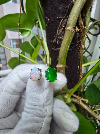 Opade Opulence Burmese A-Jadeite and Australian Opal Toi et Moi Ring Size US 6.5 with 18K White Gold - Certified V1