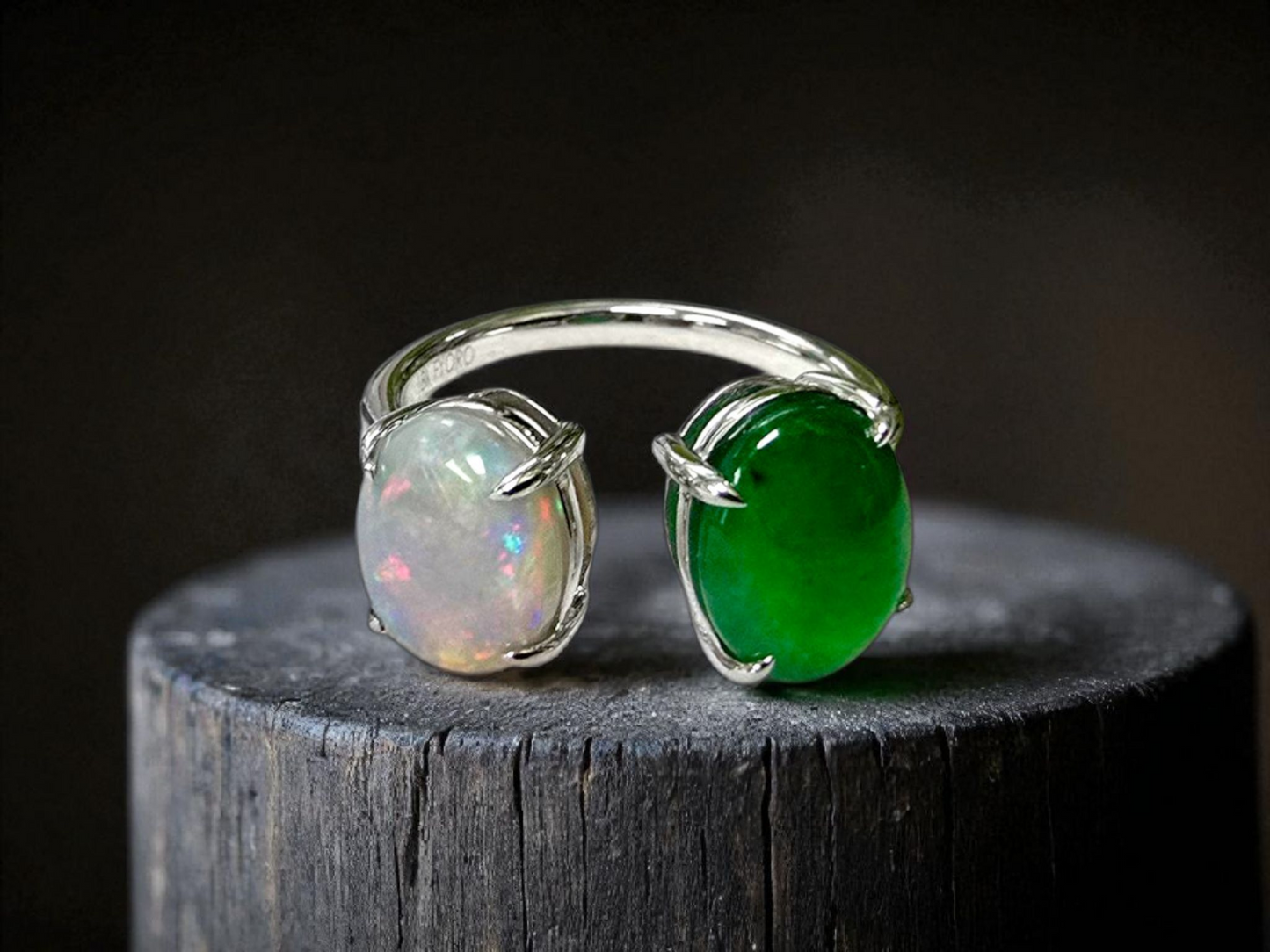 Opade Opulence Burmese A-Jadeite and Australian Opal Toi et Moi Ring Size US 6.5 with 18K White Gold - Certified V1