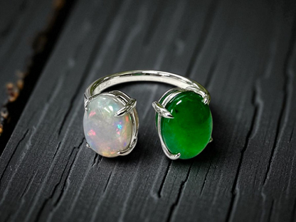 Opade Opulence Burmese A-Jadeite and Australian Opal Toi et Moi Ring Size US 6.5 with 18K White Gold - Certified V1