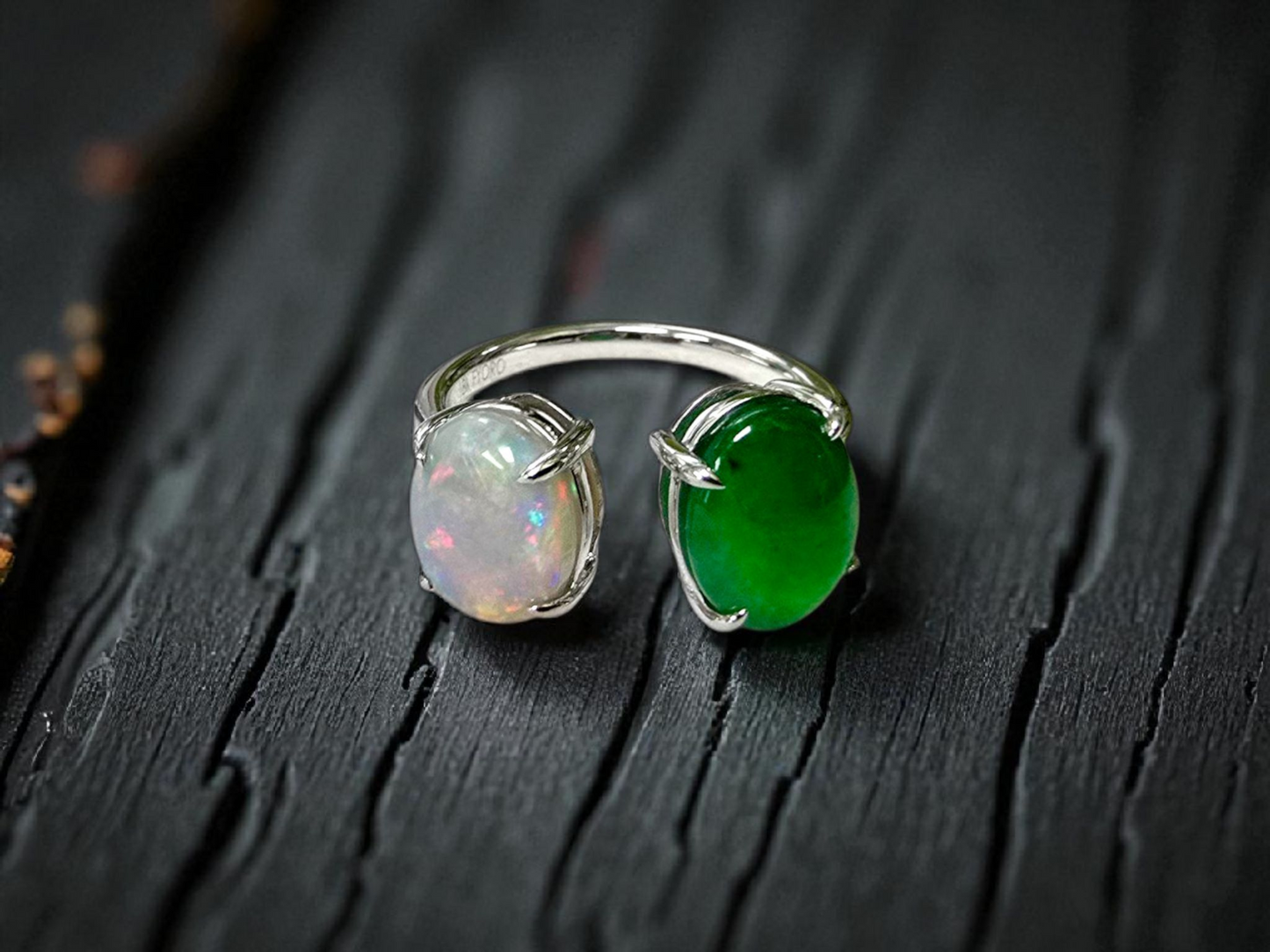 Opade Opulence Burmese A-Jadeite and Australian Opal Toi et Moi Ring Size US 6.5 with 18K White Gold - Certified V1