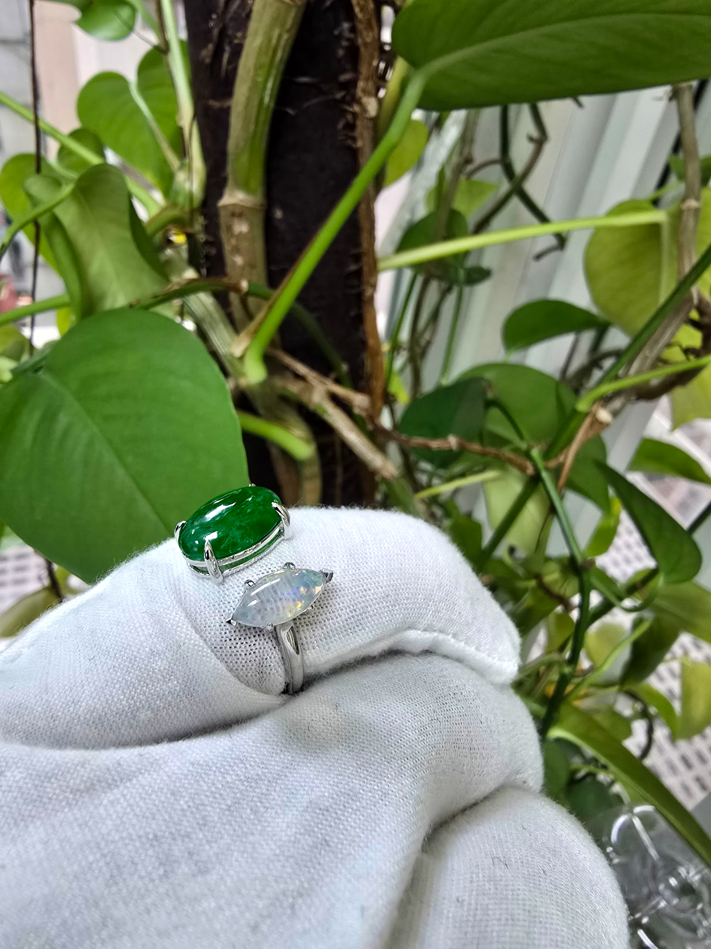 Opade Elegance Burmese A-Jadeite and Australian Opal Toi et Moi Ring Size US 7 with 14K White Gold - Certified V1