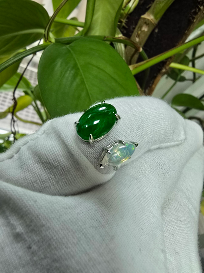 Opade Elegance Burmese A-Jadeite and Australian Opal Toi et Moi Ring Size US 7 with 14K White Gold - Certified V1