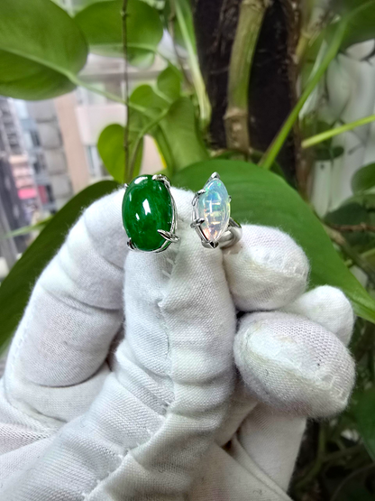 Opade Elegance Burmese A-Jadeite and Australian Opal Toi et Moi Ring Size US 7 with 14K White Gold - Certified V1