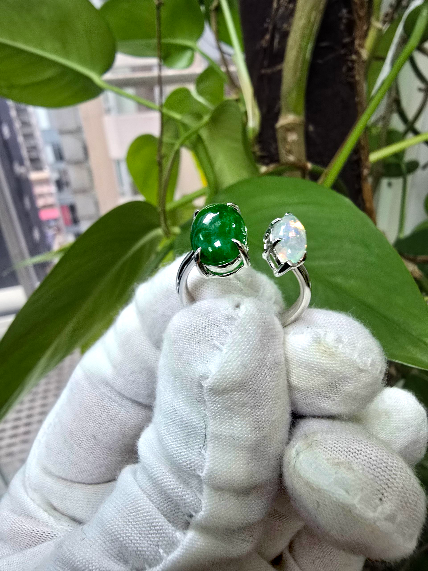 Opade Elegance Burmese A-Jadeite and Australian Opal Toi et Moi Ring Size US 7 with 14K White Gold - Certified V1