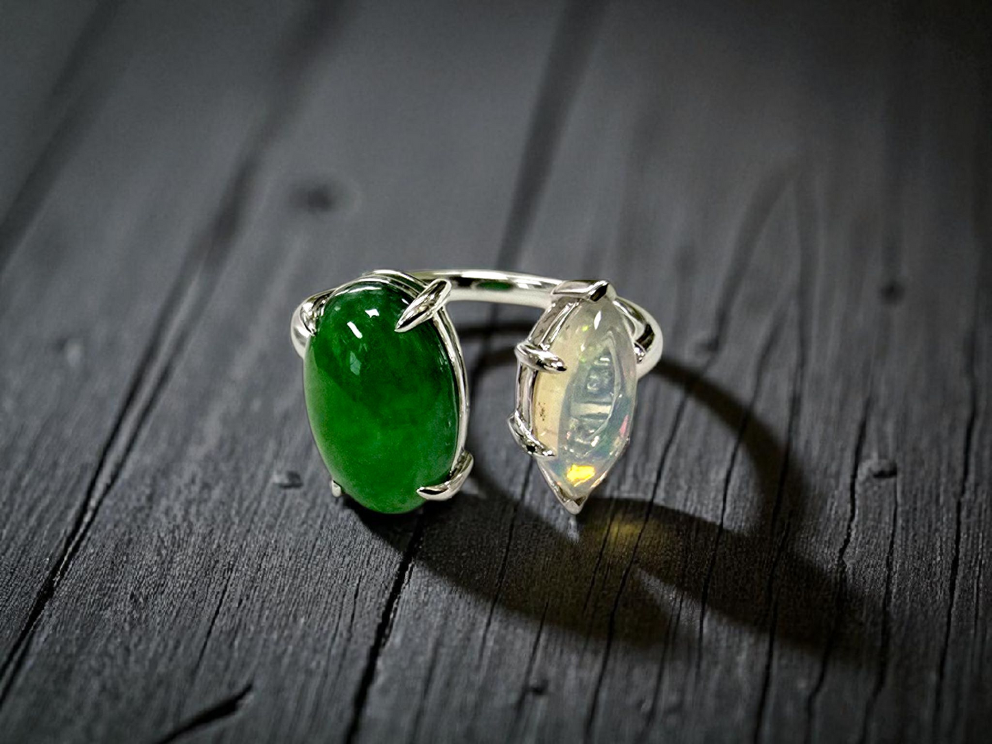 Opade Elegance Burmese A-Jadeite and Australian Opal Toi et Moi Ring Size US 7 with 14K White Gold - Certified V1