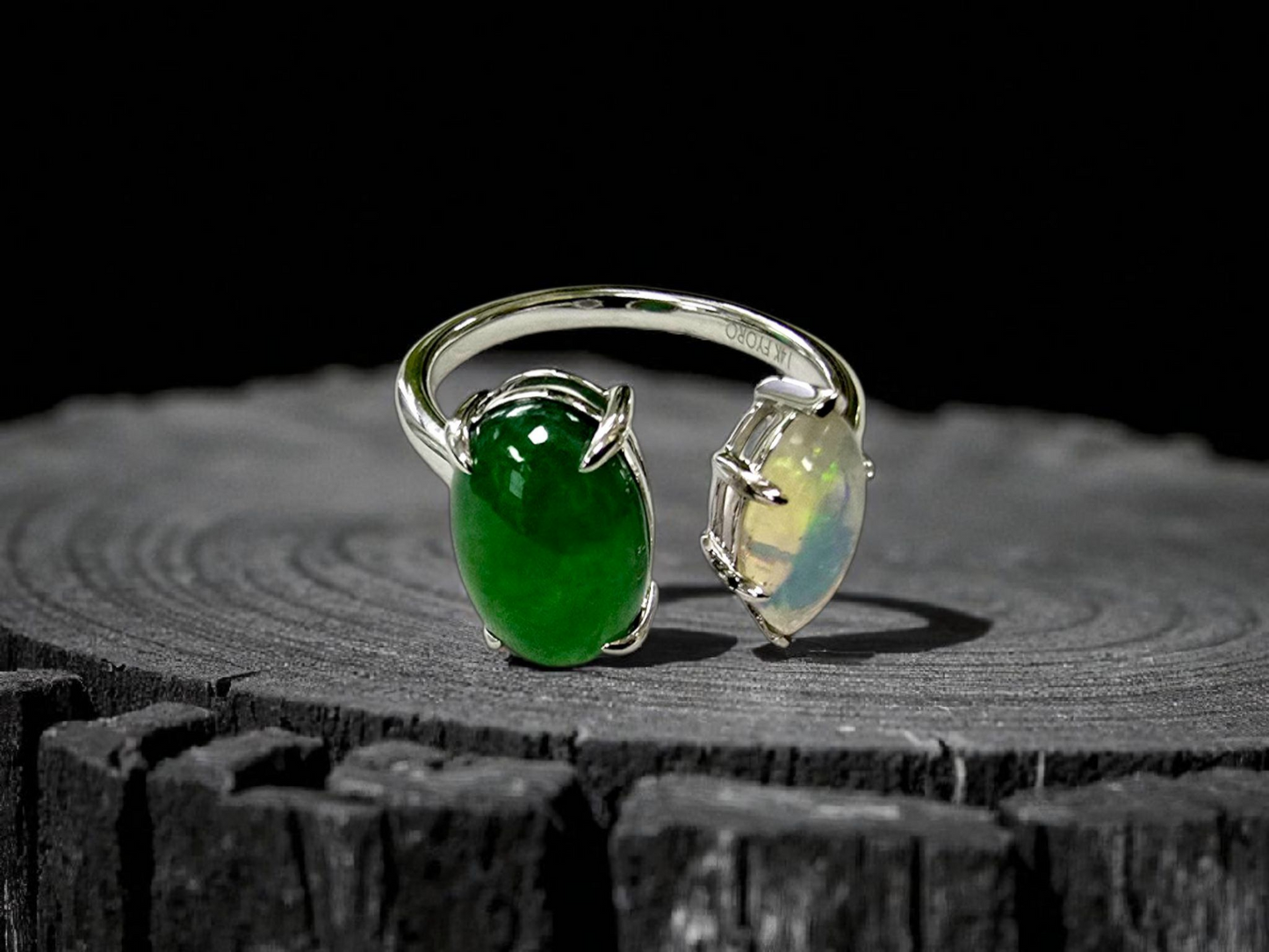 Opade Elegance Burmese A-Jadeite and Australian Opal Toi et Moi Ring Size US 7 with 14K White Gold - Certified V1