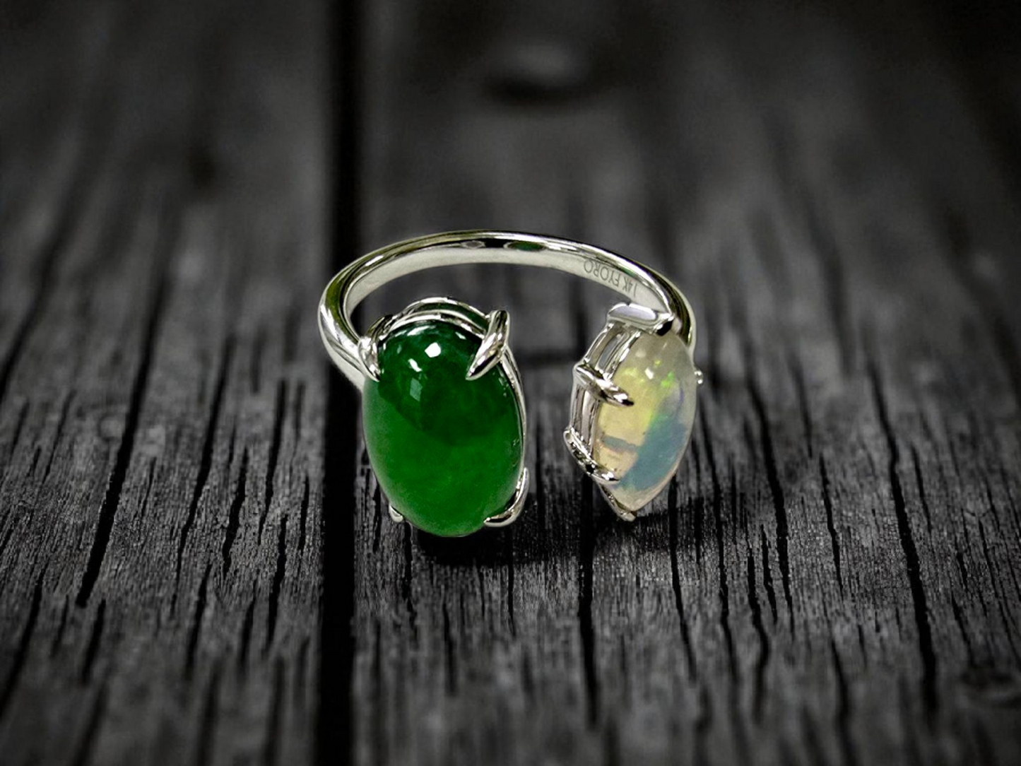 Opade Elegance Burmese A-Jadeite and Australian Opal Toi et Moi Ring Size US 7 with 14K White Gold - Certified V1