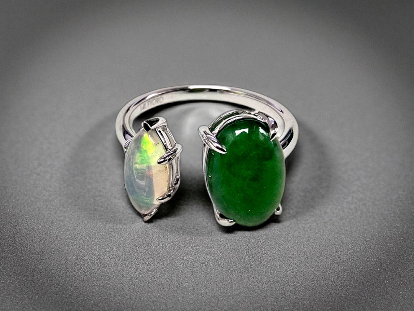 Opade Elegance Burmese A-Jadeite and Australian Opal Toi et Moi Ring Size US 7 with 14K White Gold - Certified V1