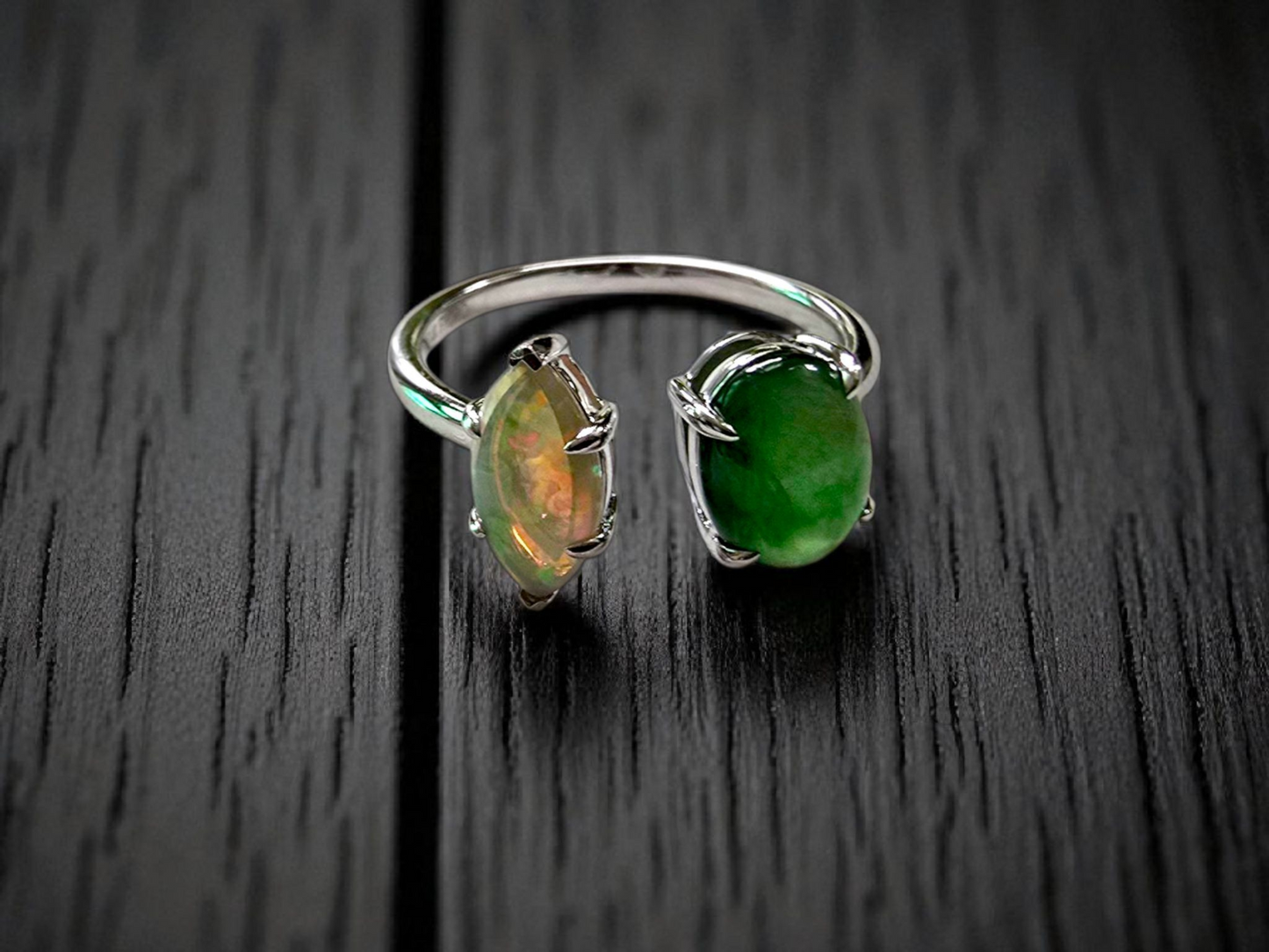 Opade Elegance Burmese A-Jadeite and Australian Opal Toi et Moi Ring Size US 8 with 14K White Gold - Certified V2