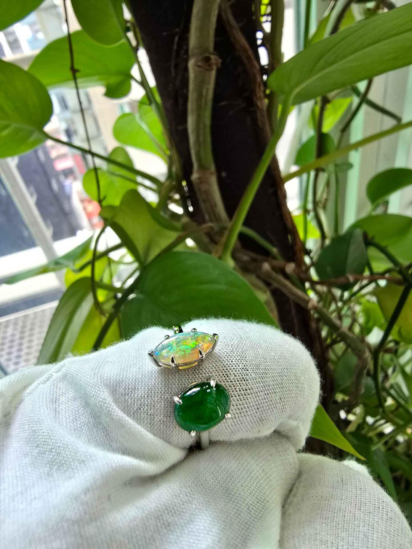 Opade Elegance Burmese A-Jadeite and Australian Opal Toi et Moi Ring Size US 8 with 14K White Gold - Certified V2