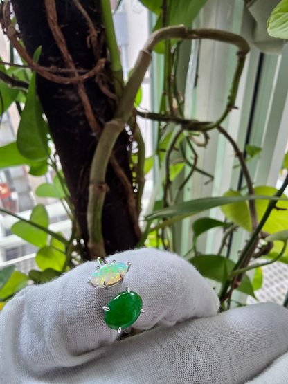 Opade Elegance Burmese A-Jadeite and Australian Opal Toi et Moi Ring Size US 7 with 14K White Gold - Certified V3