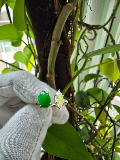 Opade Elegance Burmese A-Jadeite and Australian Opal Toi et Moi Ring Size US 7 with 14K White Gold - Certified V3
