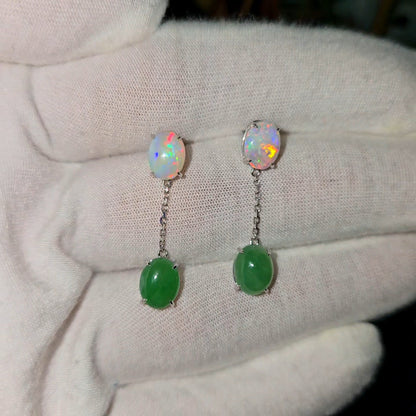 Opade Opulence Burmese A-Jadeite and Australian Opal Drop and Dangle Earrings with 18K White Gold - Certified V1