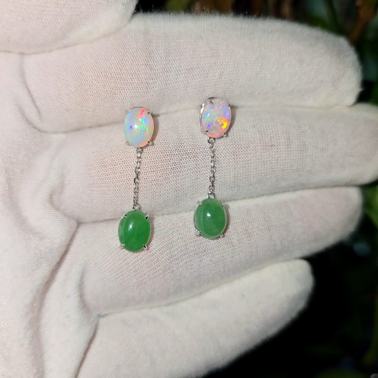 Opade Opulence Burmese A-Jadeite and Australian Opal Drop and Dangle Earrings with 18K White Gold - Certified V1