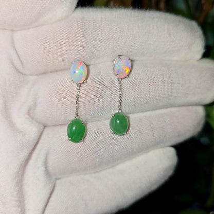 Opade Opulence Burmese A-Jadeite and Australian Opal Drop and Dangle Earrings with 18K White Gold - Certified V1