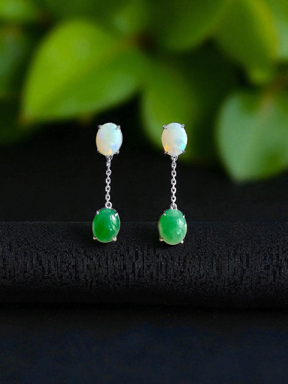 Opade Opulence Burmese A-Jadeite and Australian Opal Drop and Dangle Earrings with 18K White Gold - Certified V1