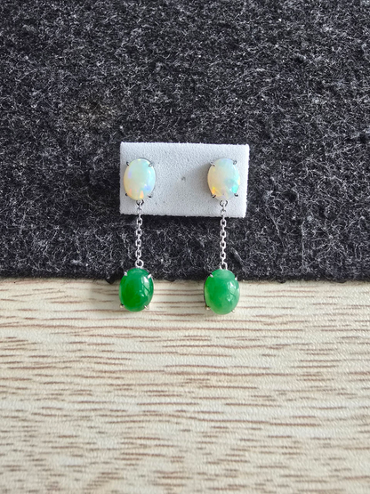 Opade Opulence Burmese A-Jadeite and Australian Opal Drop and Dangle Earrings with 18K White Gold - Certified V1