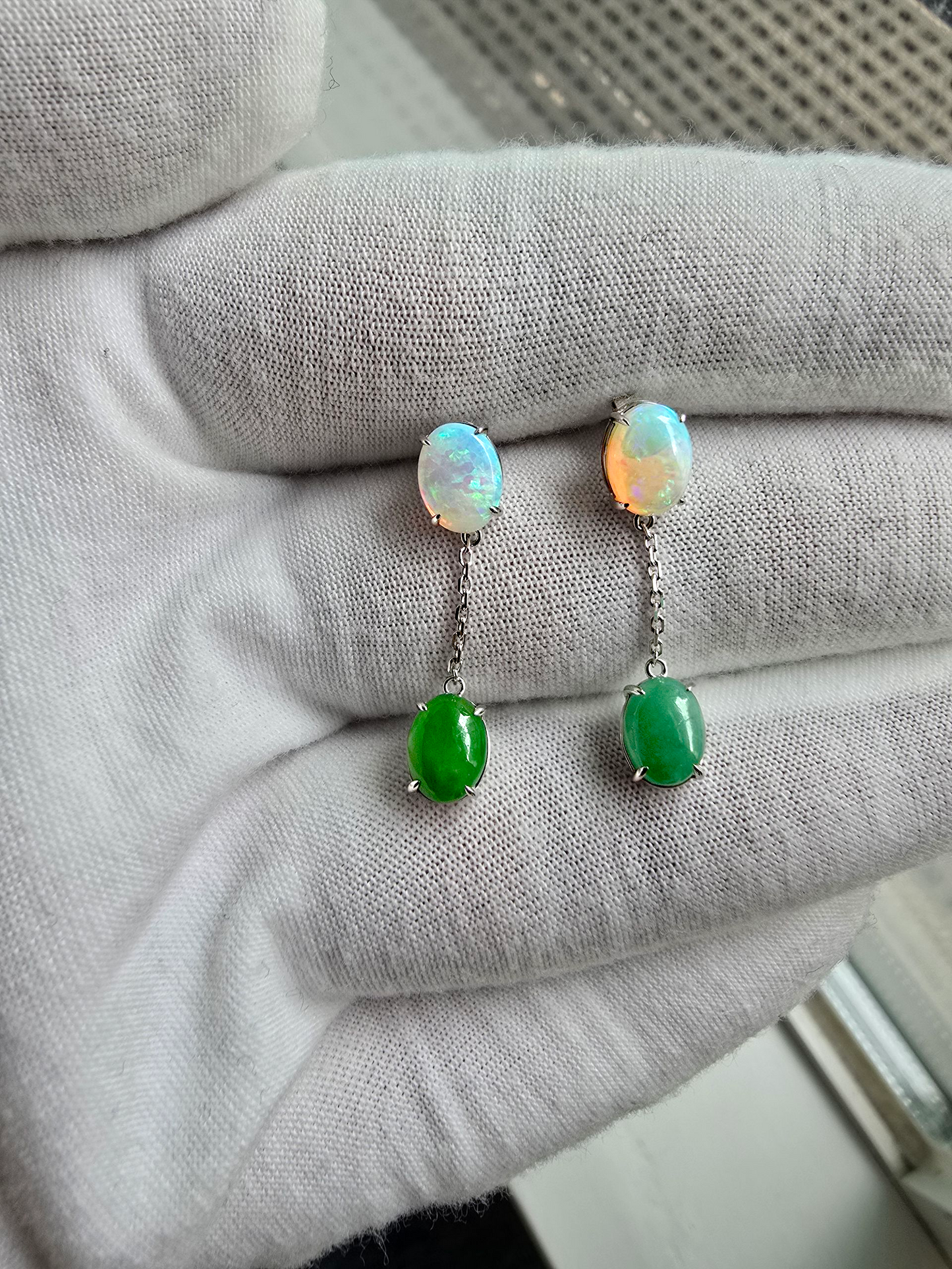 Opade Elegance Burmese A-Jadeite and Australian Opal Drop and Dangle Earrings with 14K White Gold - Certified V1