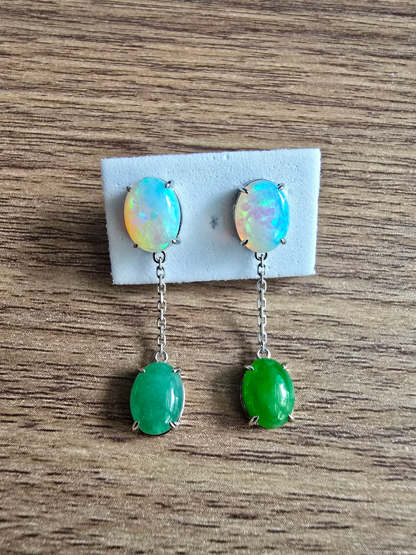 Opade Elegance Burmese A-Jadeite and Australian Opal Drop and Dangle Earrings with 14K White Gold - Certified V1