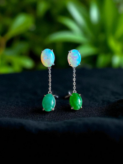 Opade Elegance Burmese A-Jadeite and Australian Opal Drop and Dangle Earrings with 14K White Gold - Certified V1
