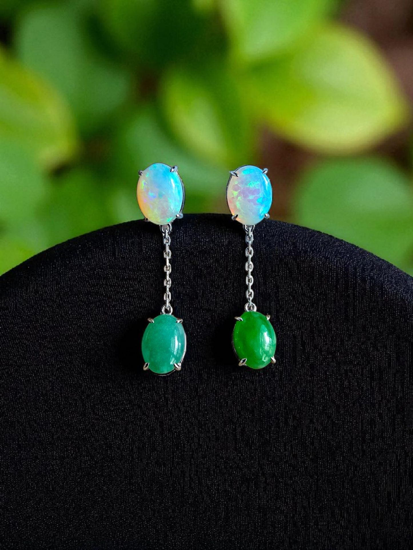Opade Elegance Burmese A-Jadeite and Australian Opal Drop and Dangle Earrings with 14K White Gold - Certified V1
