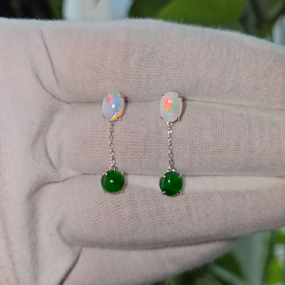 Opade Elegance Burmese A-Jadeite and Australian Opal Drop and Dangle Earrings with 14K White Gold - Certified V2