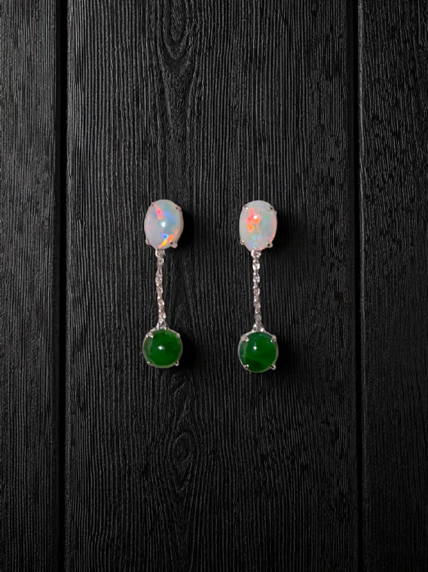 Opade Elegance Burmese A-Jadeite and Australian Opal Drop and Dangle Earrings with 14K White Gold - Certified V2