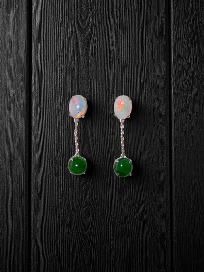 Opade Elegance Burmese A-Jadeite and Australian Opal Drop and Dangle Earrings with 14K White Gold - Certified V2