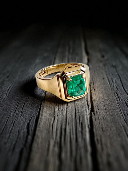 Certified Natural Columbian Emerald 1.72 cts (Vivid Green) Men's Ring with 14K Yellow Gold - Size US 9 - R6