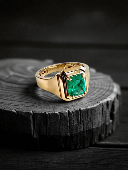 Certified Natural Columbian Emerald 1.72 cts (Vivid Green) Men's Ring with 14K Yellow Gold - Size US 9 - R6