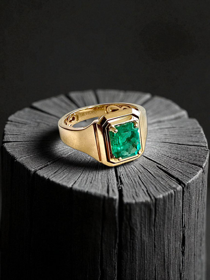 Certified Natural Columbian Emerald 1.72 cts (Vivid Green) Men's Ring with 14K Yellow Gold - Size US 9 - R6