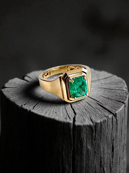 Certified Natural Columbian Emerald 1.72 cts (Vivid Green) Men's Ring with 14K Yellow Gold - Size US 9 - R6
