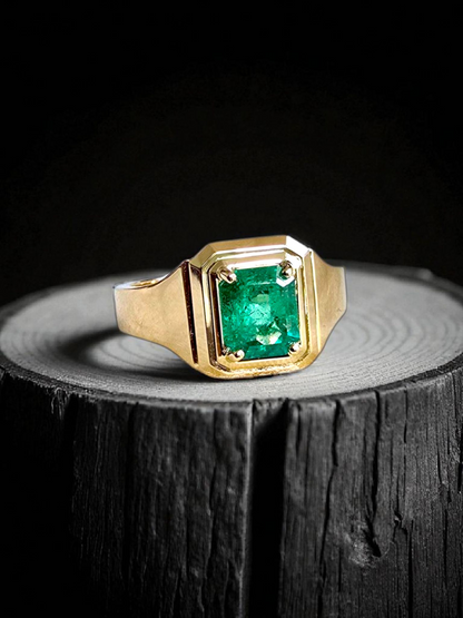 Certified Natural Columbian Emerald 1.72 cts (Vivid Green) Men's Ring with 14K Yellow Gold - Size US 9 - R6