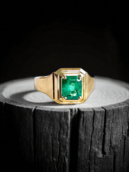 Certified Natural Columbian Emerald 1.72 cts (Vivid Green) Men's Ring with 14K Yellow Gold - Size US 9 - R6