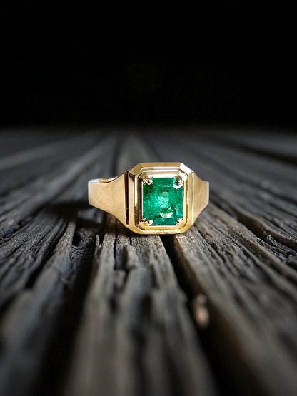 Certified Natural Columbian Emerald 1.72 cts (Vivid Green) Men's Ring with 14K Yellow Gold - Size US 9 - R6
