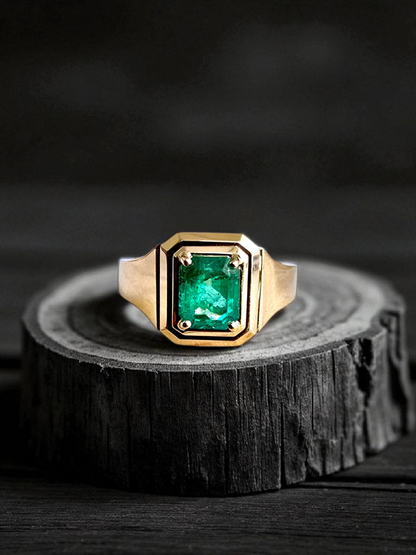 Certified Natural Columbian Emerald 1.72 cts (Vivid Green) Men's Ring with 14K Yellow Gold - Size US 9 - R6