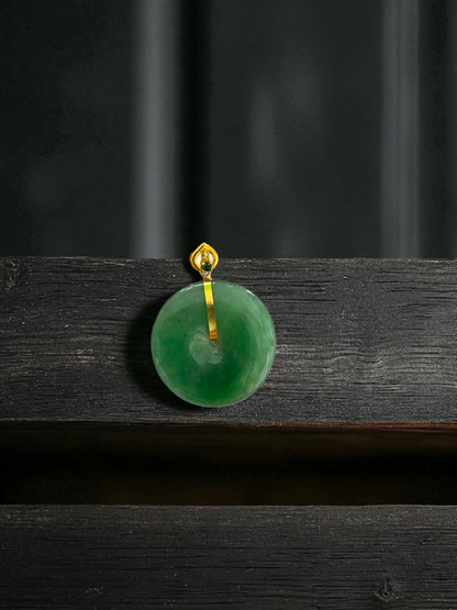 Cheung's Round Donut Burmese A-Jade 22.50 mm Pendant (with 18K Yellow Gold) - HKJSL Certified V2