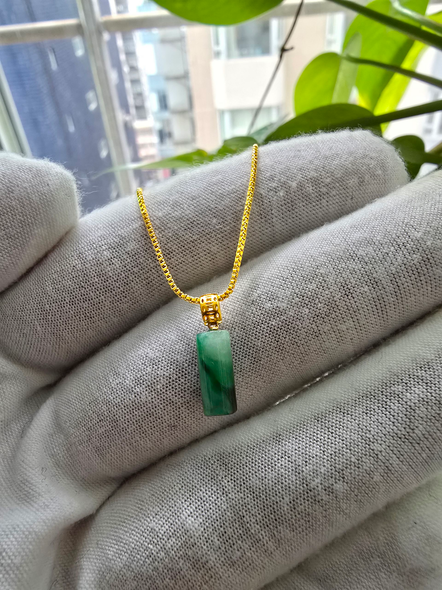 Hokkaido (MADE IN JAPAN) Tube Burmese A-Jadeite Charm Pendant (with 18K Yellow Gold) - Certified - V1