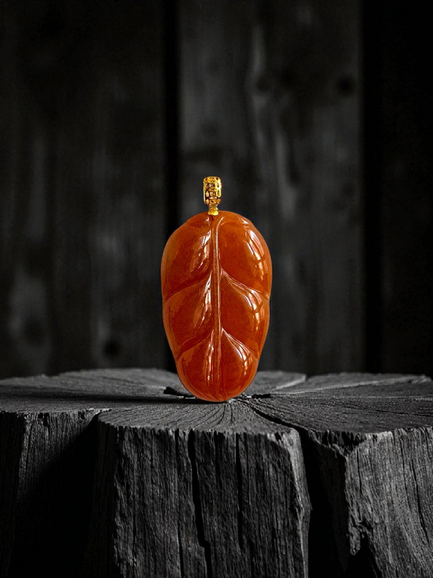 Aka Fuji Leaf (MADE IN JAPAN) Burmese Red A-Jadeite Charm Pendant (with 18K Yellow Gold) - Certified