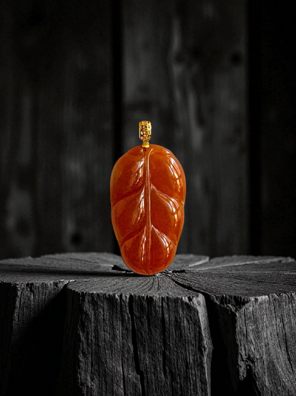 Aka Fuji Leaf (MADE IN JAPAN) Burmese Red A-Jadeite Charm Pendant (with 18K Yellow Gold) - Certified
