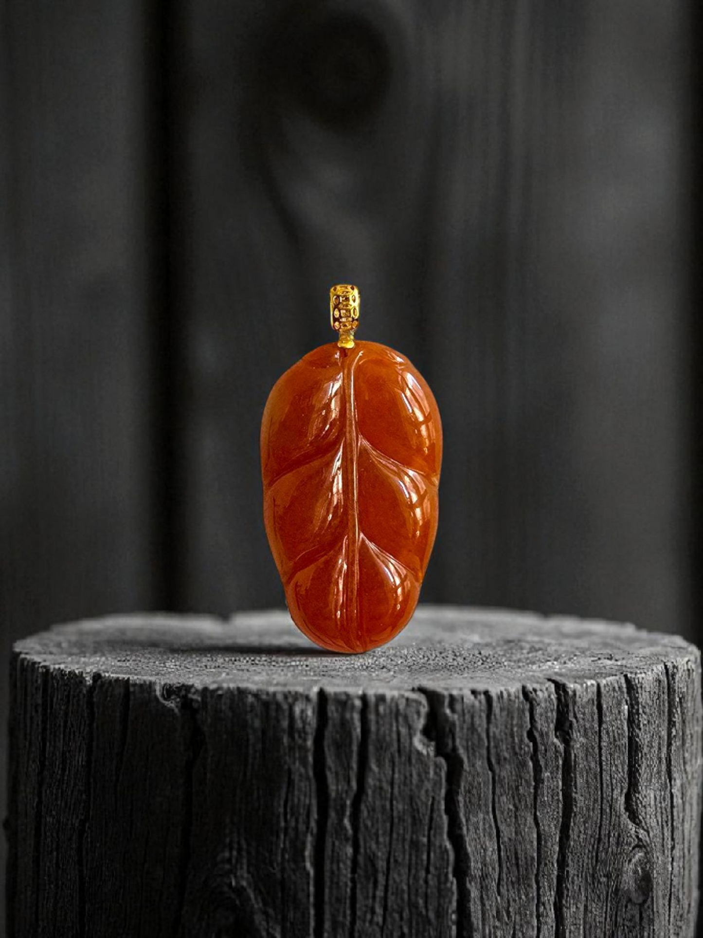 Aka Fuji Leaf (MADE IN JAPAN) Burmese Red A-Jadeite Charm Pendant (with 18K Yellow Gold) - Certified