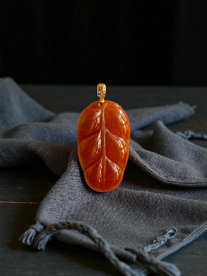 Aka Fuji Leaf (MADE IN JAPAN) Burmese Red A-Jadeite Charm Pendant (with 18K Yellow Gold) - Certified