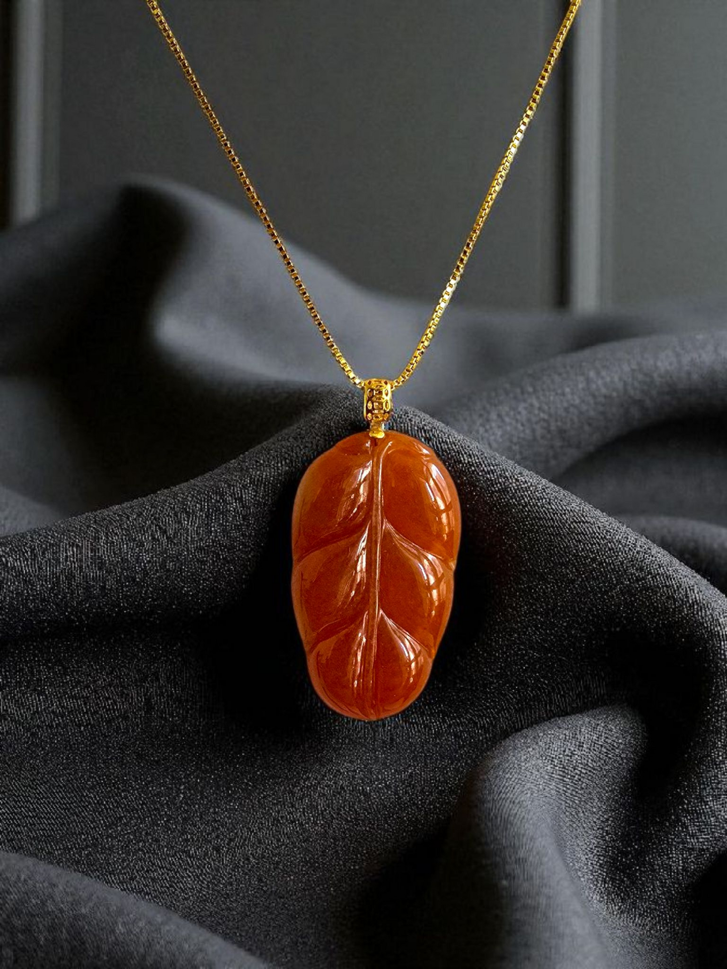 Aka Fuji Leaf (MADE IN JAPAN) Burmese Red A-Jadeite Charm Pendant (with 18K Yellow Gold) - Certified