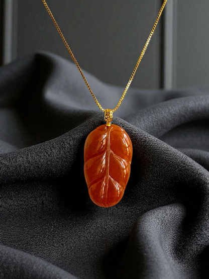 Aka Fuji Leaf (MADE IN JAPAN) Burmese Red A-Jadeite Charm Pendant (with 18K Yellow Gold) - Certified