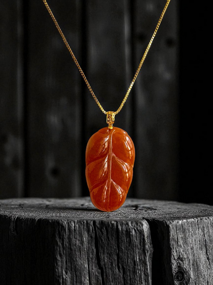 Aka Fuji Leaf (MADE IN JAPAN) Burmese Red A-Jadeite Charm Pendant (with 18K Yellow Gold) - Certified
