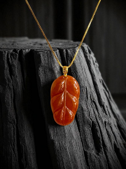Aka Fuji Leaf (MADE IN JAPAN) Burmese Red A-Jadeite Charm Pendant (with 18K Yellow Gold) - Certified