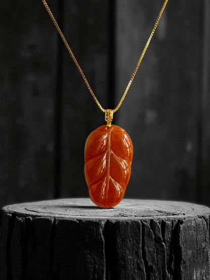 Aka Fuji Leaf (MADE IN JAPAN) Burmese Red A-Jadeite Charm Pendant (with 18K Yellow Gold) - Certified