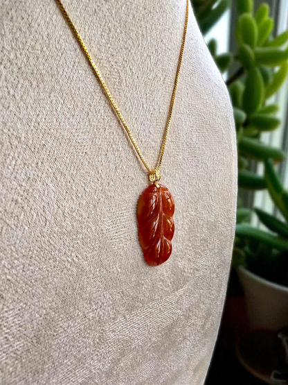 Aka Fuji Leaf (MADE IN JAPAN) Burmese Red A-Jadeite Charm Pendant (with 18K Yellow Gold) - Certified
