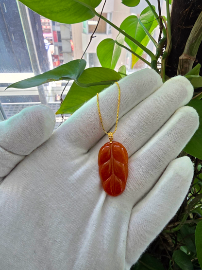 Aka Fuji Leaf (MADE IN JAPAN) Burmese Red A-Jadeite Charm Pendant (with 18K Yellow Gold) - Certified